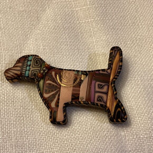 Folk Art Handmade Wooden Looking Dog Broach Pin Arts & Crafts Style Fancy Collar - Picture 2 of 11